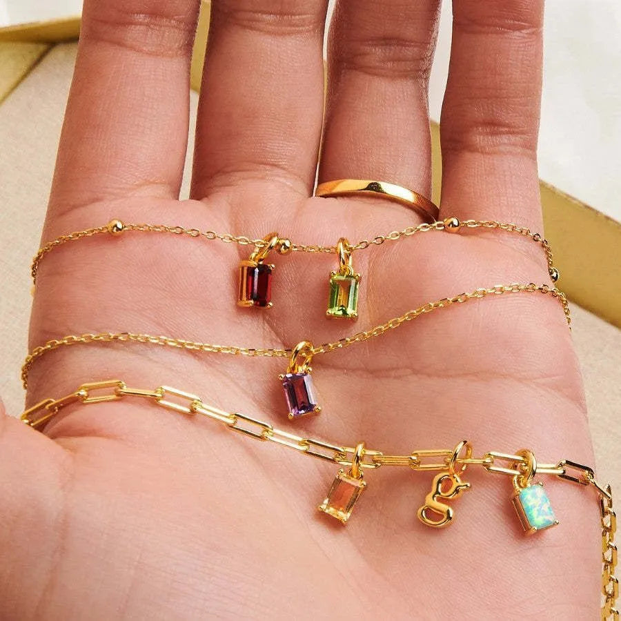 Titanium Steel Necklace Rectangular 12month Birthday Stone Pendant Colorful Zircon Clavicle Chain