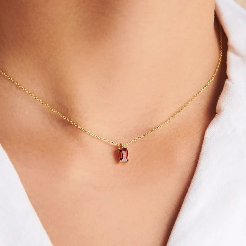 Titanium Steel Necklace Rectangular 12month Birthday Stone Pendant Colorful Zircon Clavicle Chain