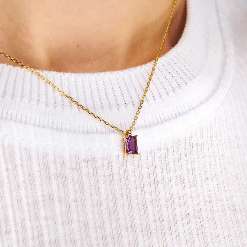 Titanium Steel Necklace Rectangular 12month Birthday Stone Pendant Colorful Zircon Clavicle Chain